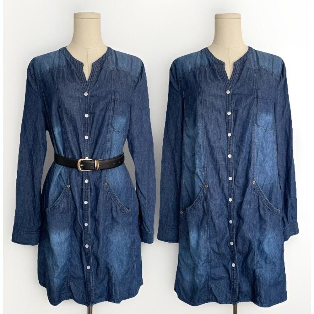 Ellos Western Denim Midi Dress Sz S/M Pearl Button Roll Tab Peasant Cottagecore